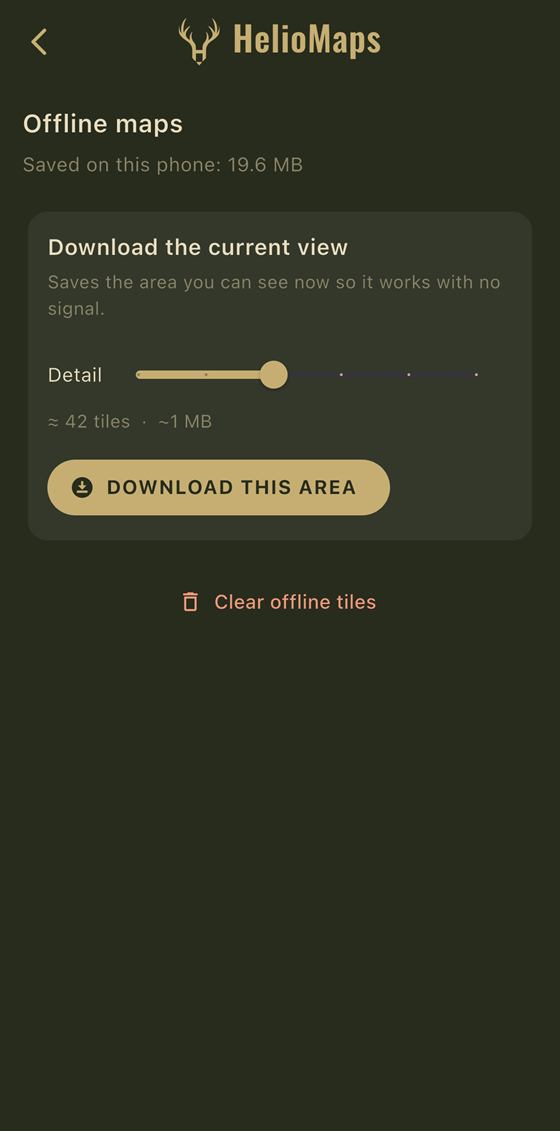 HelioMaps offline maps screen with a detail slider and a download this area button