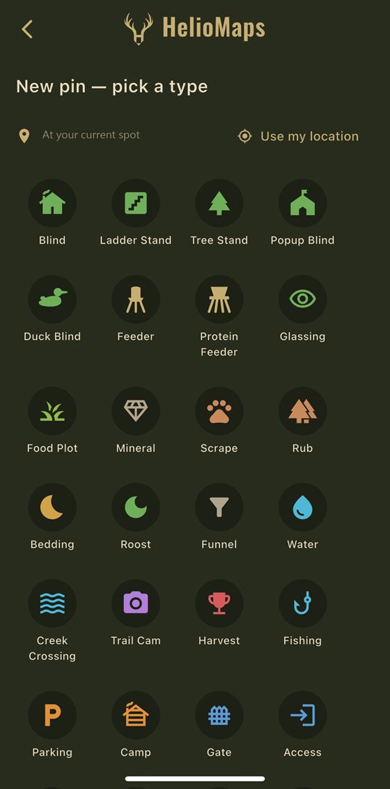 HelioMaps new pin screen showing pin types including blind, ladder stand, feeder, scrape, rub, trail cam, gate and camp