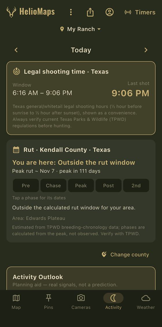 HelioMaps rut screen showing legal shooting time and county rut phases with peak rut date