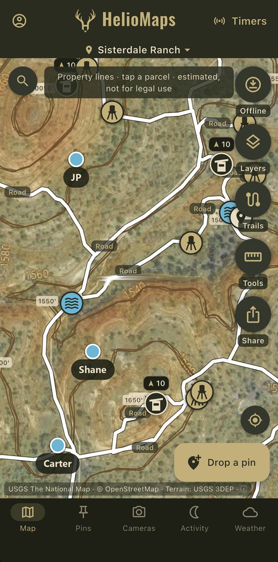 HelioMaps shared map showing three hunting party members live on the map as labeled blue dots