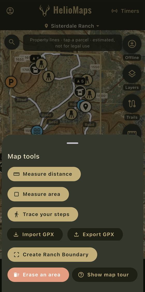 HelioMaps map tools panel with measure distance, measure area, trace your steps, GPX import and export, and create ranch boundary
