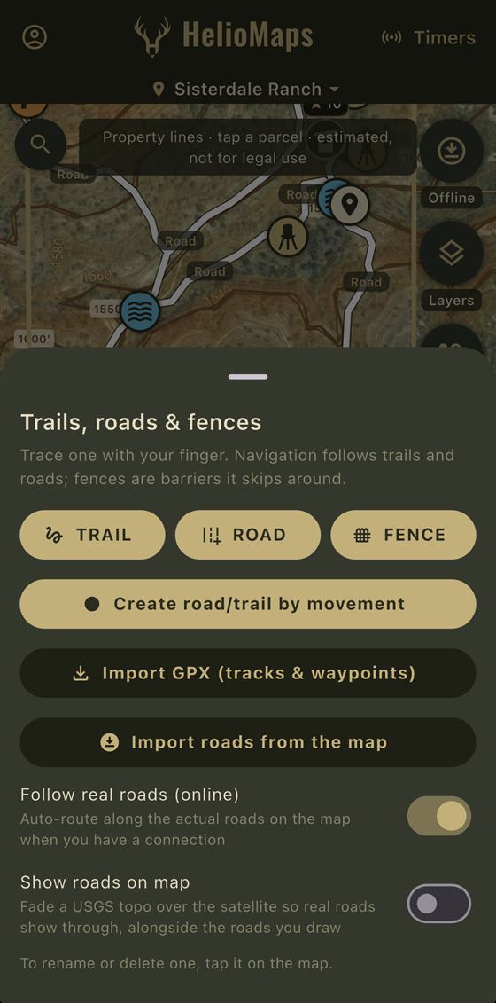 HelioMaps trails, roads and fences panel with trail, road and fence drawing tools