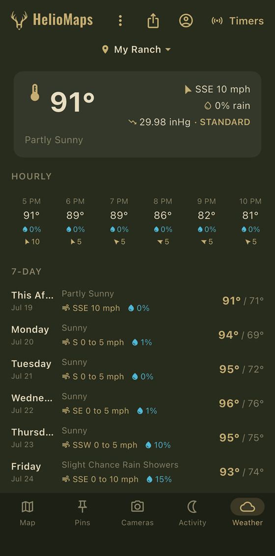 HelioMaps weather screen with current conditions, hourly forecast and a 7 day outlook